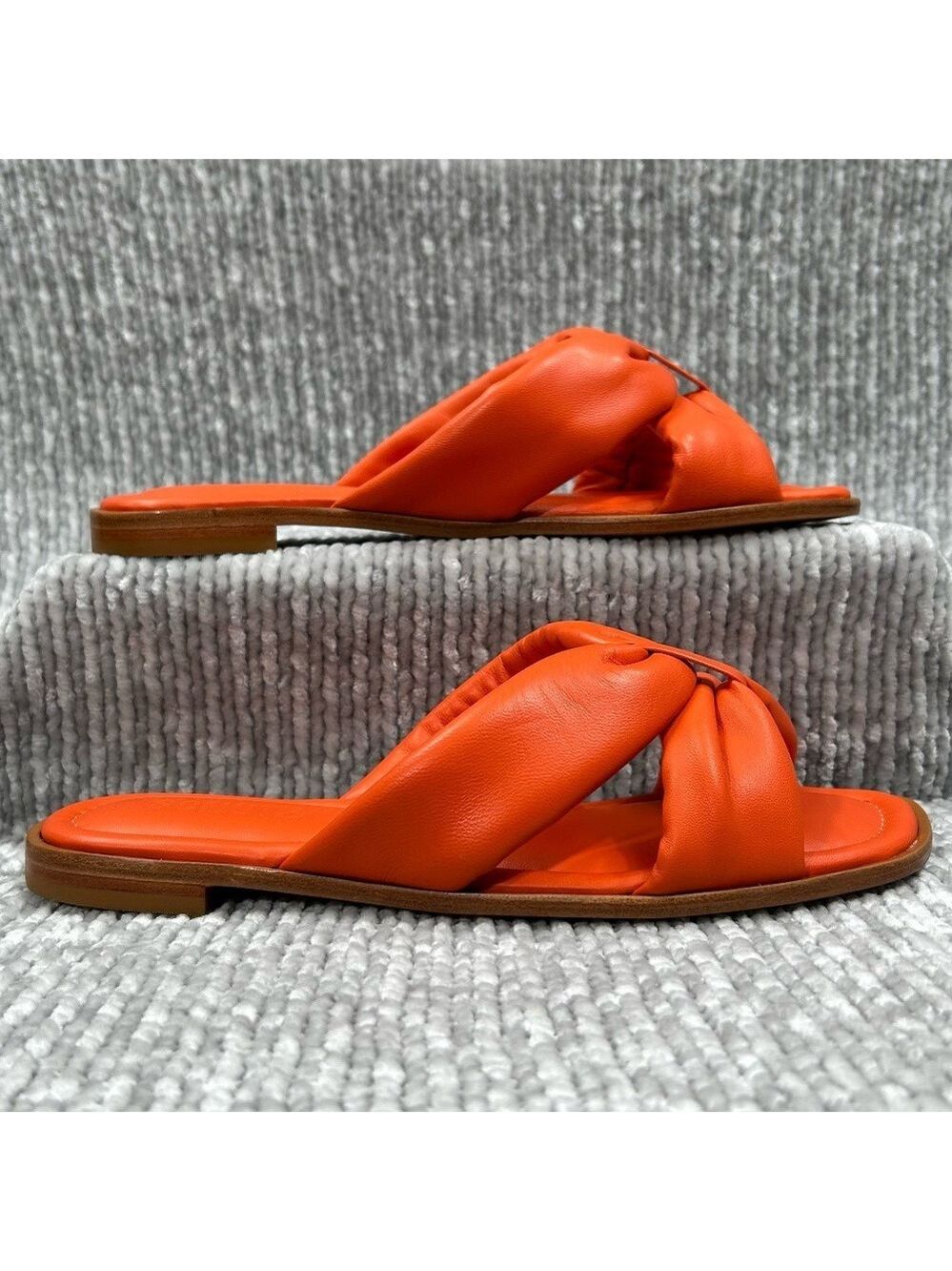 Schutz NWOB Fairy Orange All-Leather Brazil Puffy Slide Flat Sandals Size 6.5 - Picture 2 of 8